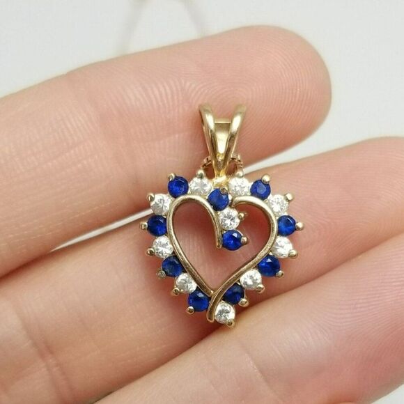 Vintage Sterling Silver Gold Overlay Blue Rhinestone Heart Pendant Necklace - Picture 1 of 7